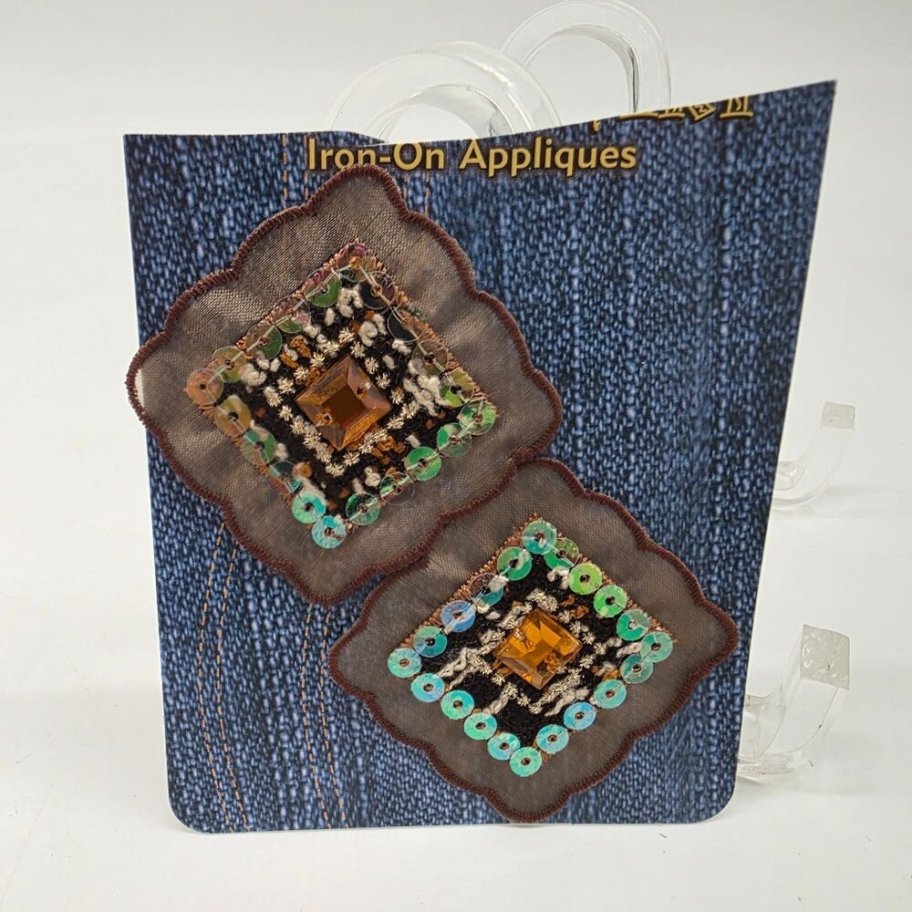 Set Of 2 Square Iron-On Appliques With Sequin & Gemstone Design 2"x2"